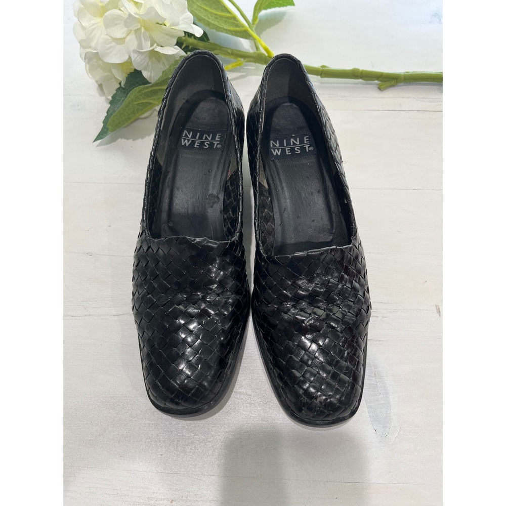 Nine West Black Woven Leather Block Heel Pumps Shoes 6M‎